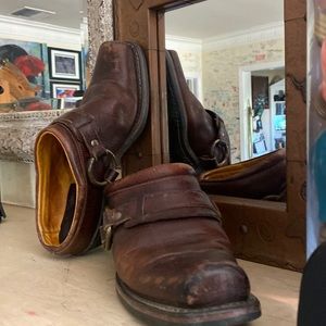 Frye Distressed Harness Moto Riding Leather Mules Booties Walnut Brown  Womens 9